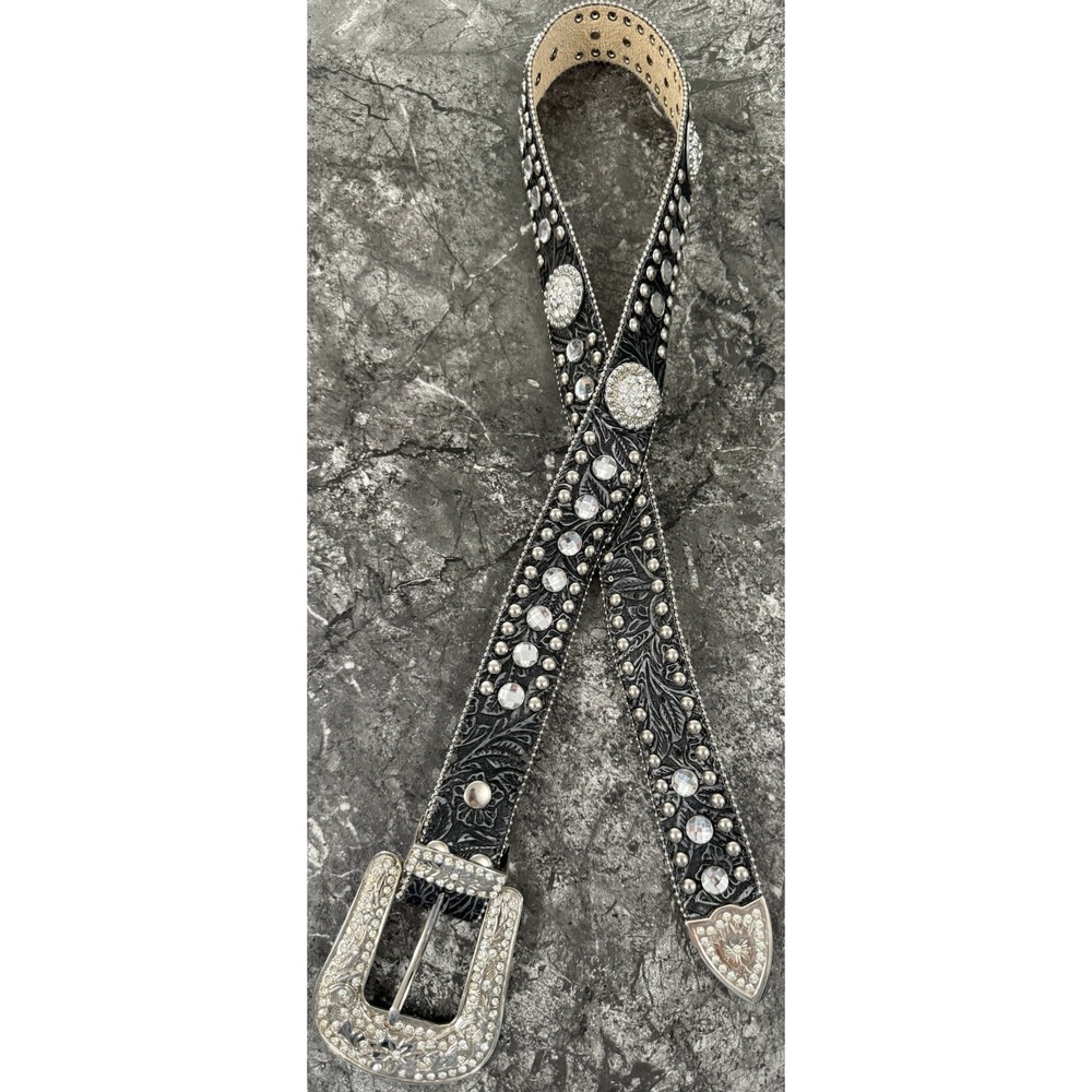 Blazin Roxx Black Studded Leather Belt with Silver Rhinestone Accents